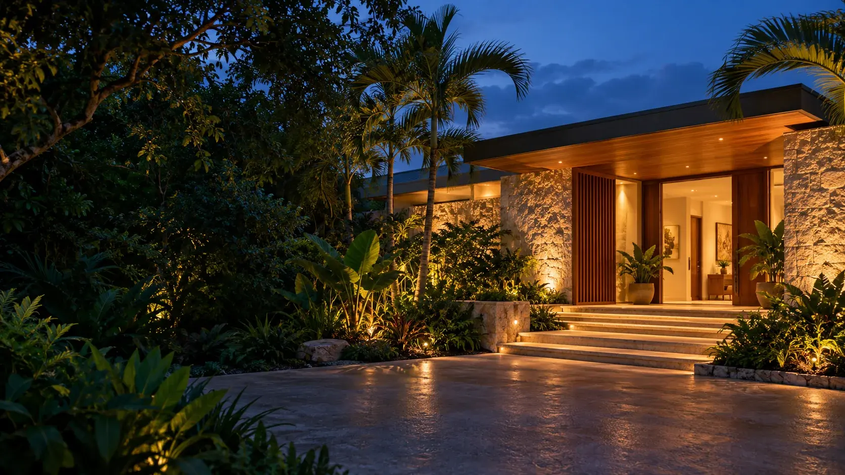 Illustrative tropical home at dusk with outdoor lighting; not a client installation