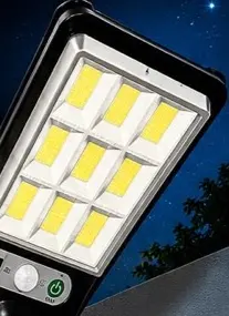 Angled close-up of the Solar LED Street Light's LED head and lower controls from the client flyer